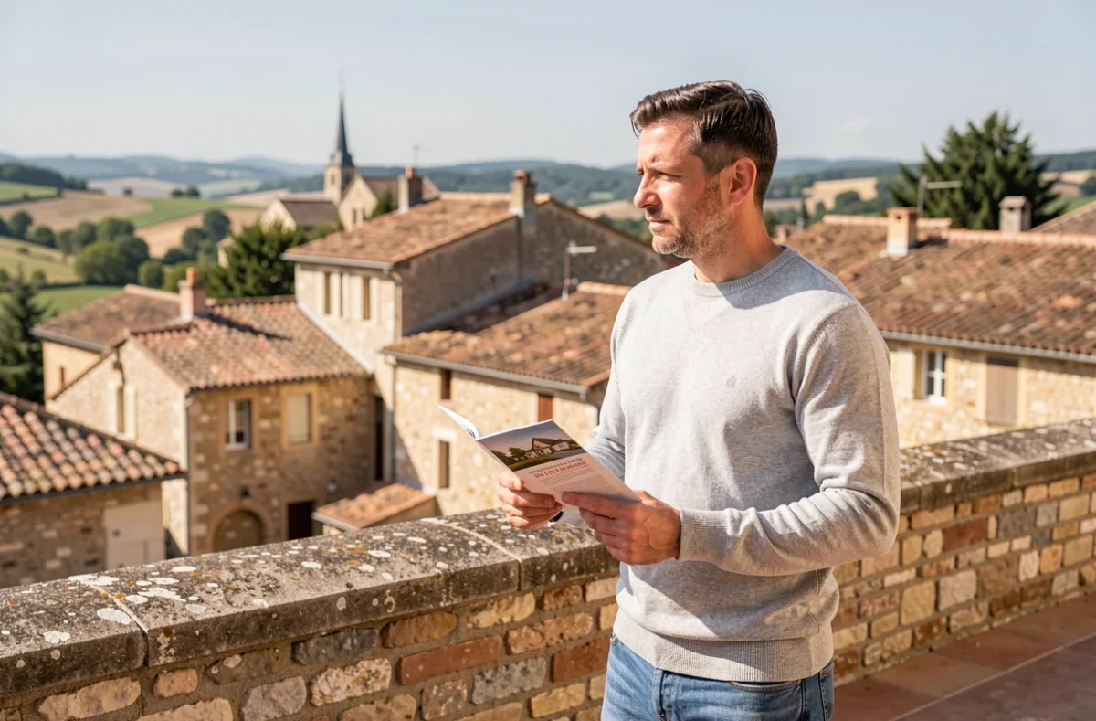 Homme belge envisageant l'achat d'une maison en France, tenant un prospectus immobilier face à un village français