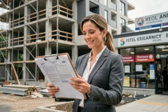 Agent immobilière devant un immeuble en construction tenant des plans architecturaux, symbolisant la reprise du marché immobilier