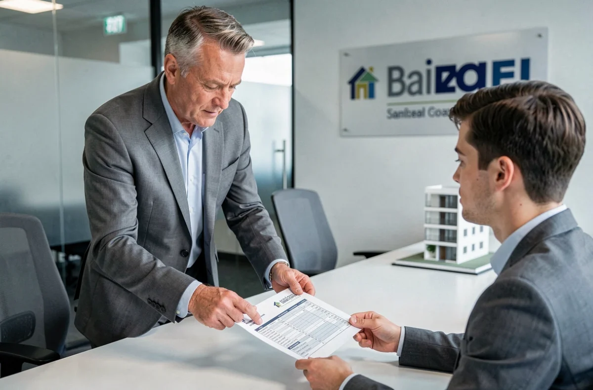 Agent immobilier expliquant le montant du dépôt de garantie à un acheteur dans une agence immobilière moderne