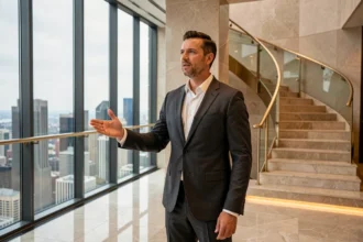 Agent immobilier de luxe présentant un penthouse haut de gamme avec vue panoramique sur la ville