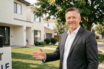Agent immobilier devant une maison résidentielle moderne à vendre dans un quartier pavillonnaire
