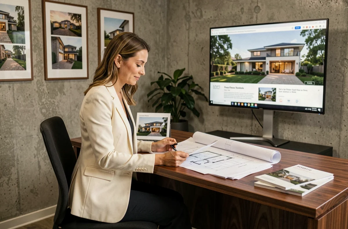 Agente immobilière spécialisée dans le luxe analysant des dossiers de propriétés haut de gamme dans son bureau