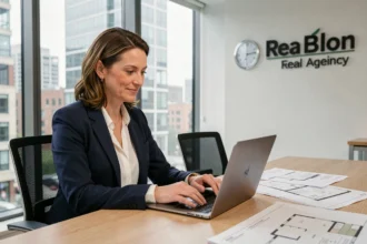 Agente immobilière professionnelle analysant des annonces immobilières sur un ordinateur portable dans une agence moderne avec vue sur la ville