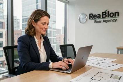 Agente immobilière professionnelle analysant des annonces immobilières sur un ordinateur portable dans une agence moderne avec vue sur la ville
