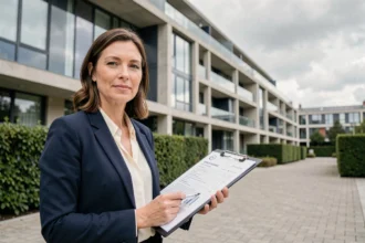 Agente immobilière devant un immeuble résidentiel moderne, tenant des documents de vente, illustration du marché immobilier en 2026