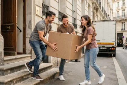 Groupe d'amis aidant à déménager des cartons dans la rue devant un immeuble