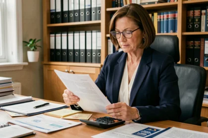 Femme professionnelle analysant des documents fiscaux pour réduire la plus-value immobilière
