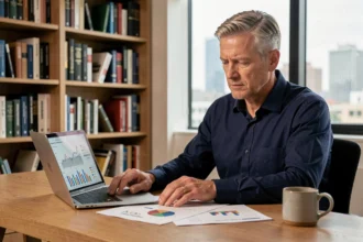Homme en chemise bleue analysant des graphiques de rendement financier à son bureau à domicile