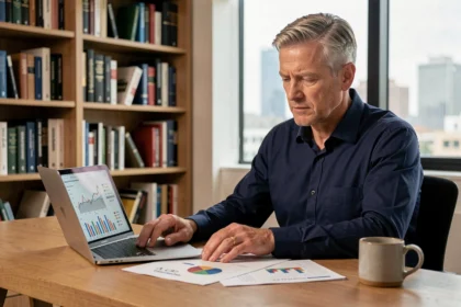 Homme en chemise bleue analysant des graphiques de rendement financier à son bureau à domicile