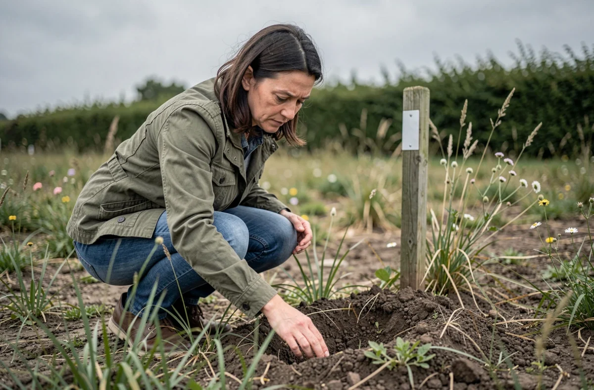 Femme analysant la qualité du sol d'un terrain non constructible pour en évaluer le potentiel agricole