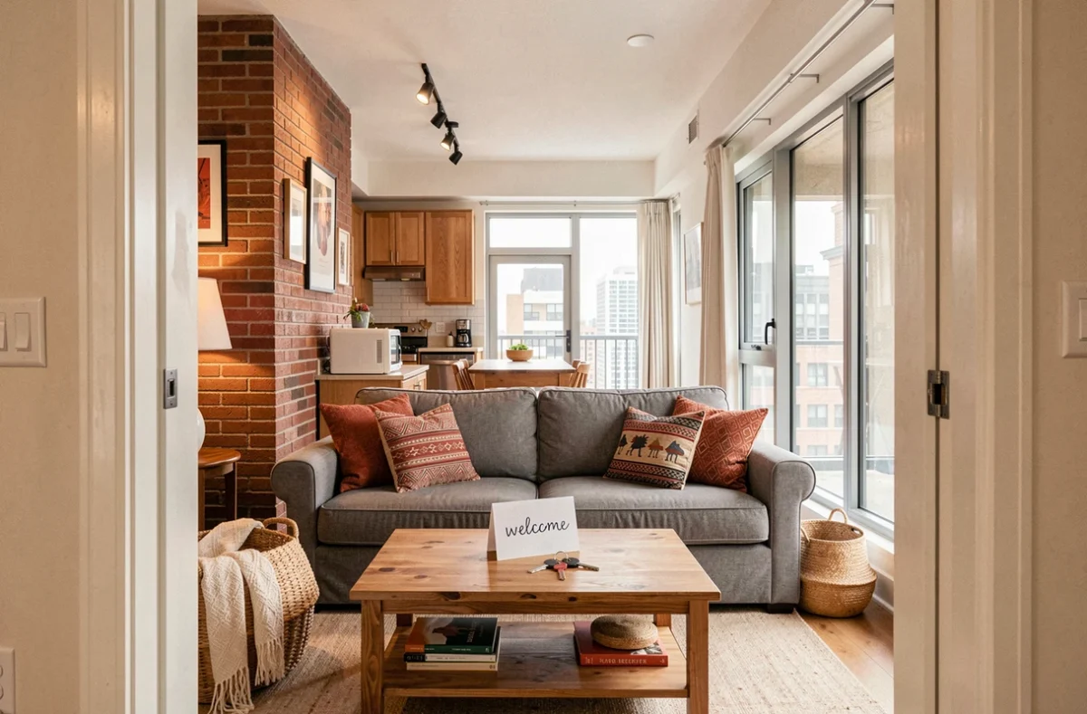 Appartement de location courte durée Airbnb bien décoré avec clés et carte de bienvenue sur table basse