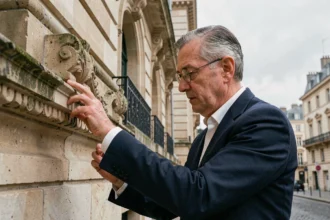 Architecte examinant la façade en pierre d'un monument historique classé en France