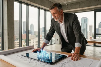 Architecte étudiant des plans futuristes pour l'immobilier de demain dans un studio moderne