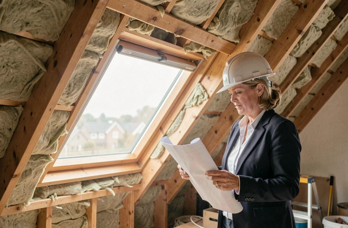 Architecte examinant des plans devant une fenêtre de toit posée dans un grenier en cours de rénovation