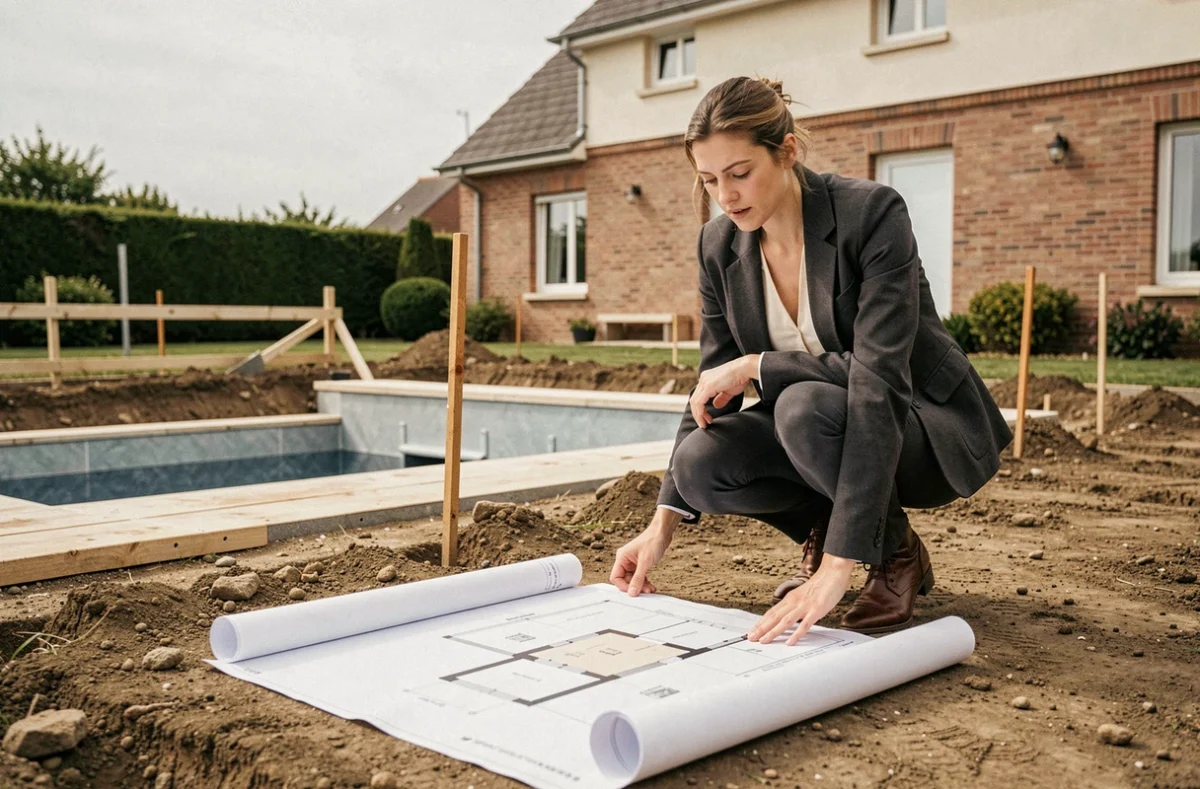 Architecte paysagiste consultant des plans de piscine sur un chantier résidentiel avec la maison en arrière-plan