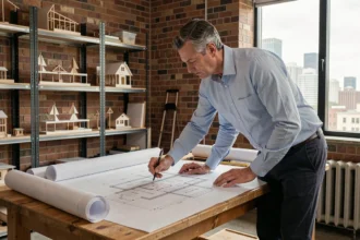 Architecte examinant des plans techniques sur une table à dessin dans un studio professionnel