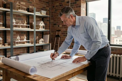 Architecte examinant des plans techniques sur une table à dessin dans un studio professionnel