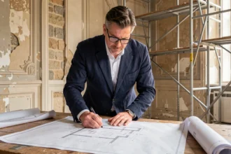Architecte consultant des plans de rénovation dans un appartement haussmannien éligible à la loi Malraux