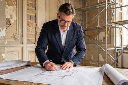 Architecte consultant des plans de rénovation dans un appartement haussmannien éligible à la loi Malraux