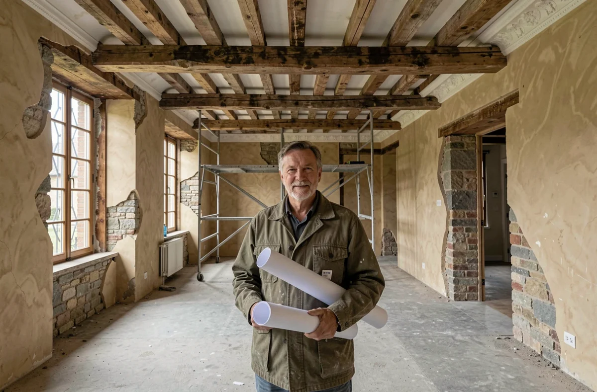 Architecte tenant des plans dans une maison de ville du XVIIIe siècle en cours de restauration, symbole de la réhabilitation du patrimoine en loi Malraux