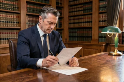 Avocat en costume marine relisant une clause résolutoire dans un contrat juridique sur un bureau en acajou dans un cabinet d'avocat