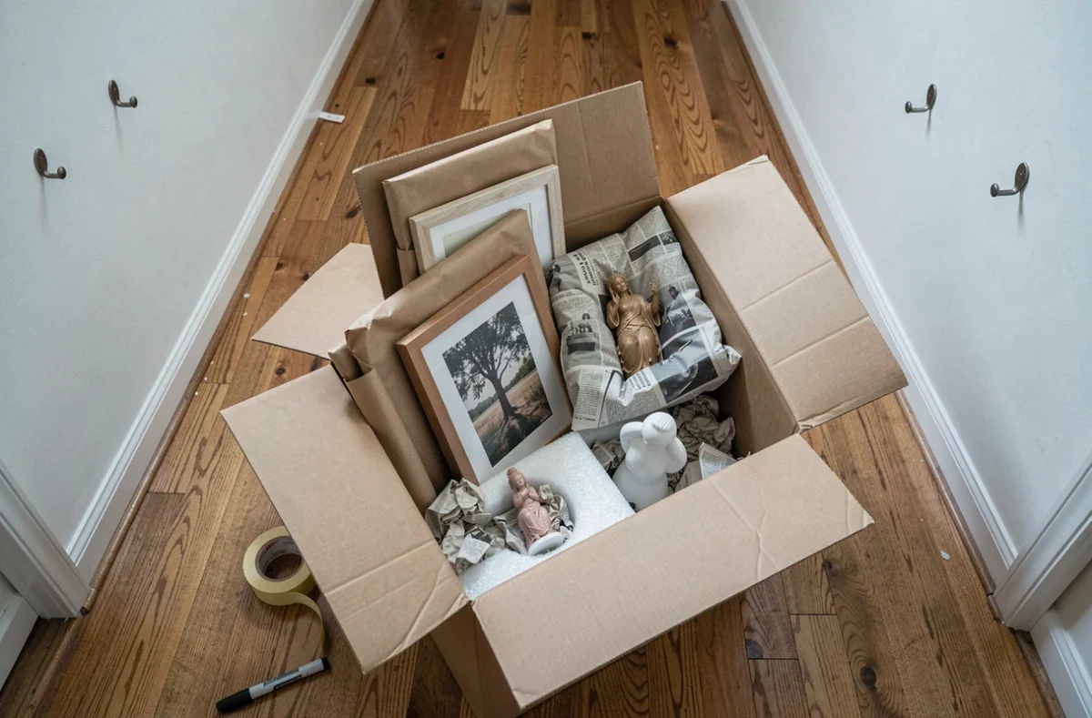 Boîte de déménagement remplie d'objets décoratifs emballés avec soin