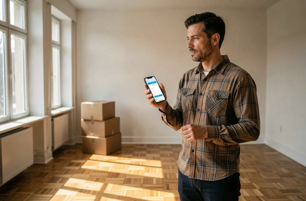 Homme évaluant le budget de déménagement dans un appartement vide avec une application sur smartphone