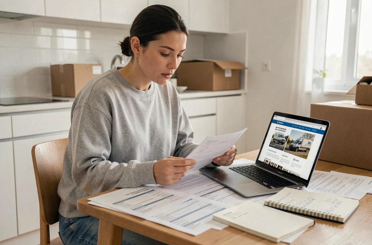 Femme calculant le budget d'un déménagement avec des devis et un ordinateur portable sur une table de cuisine