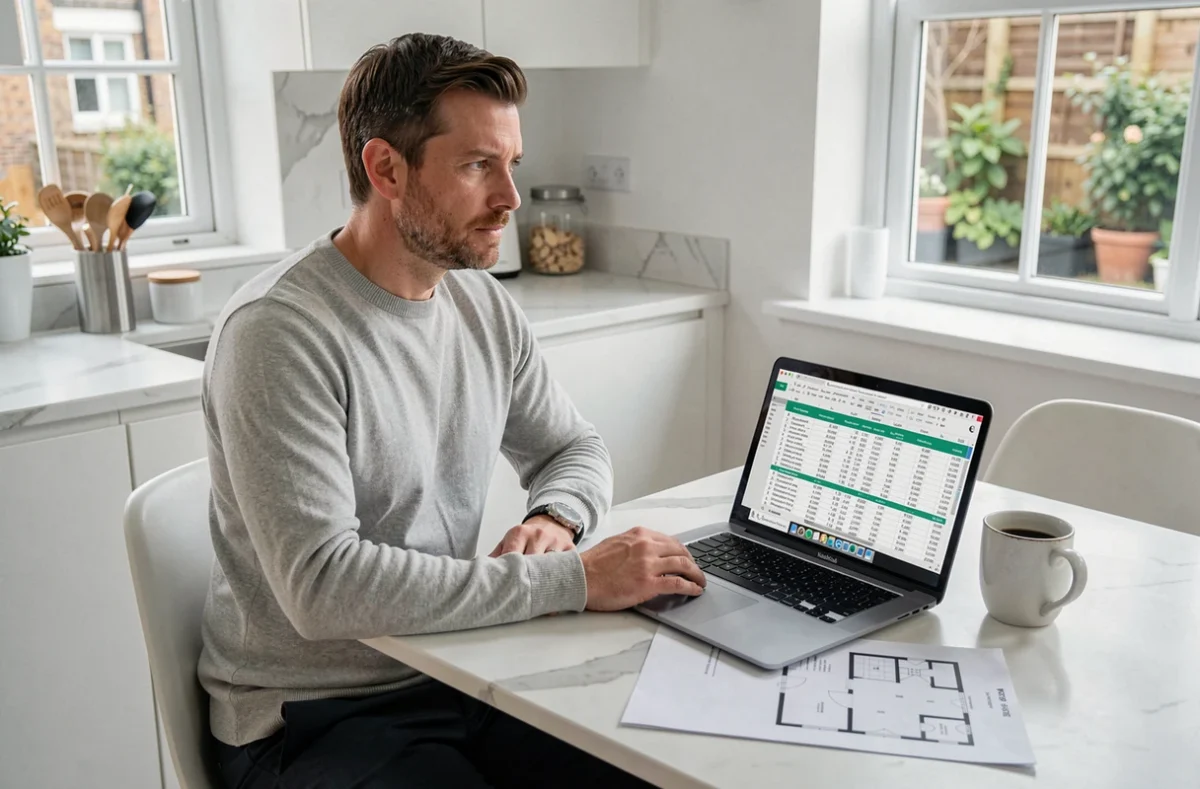 Homme calculant la plus-value immobilière sur son ordinateur portable à domicile