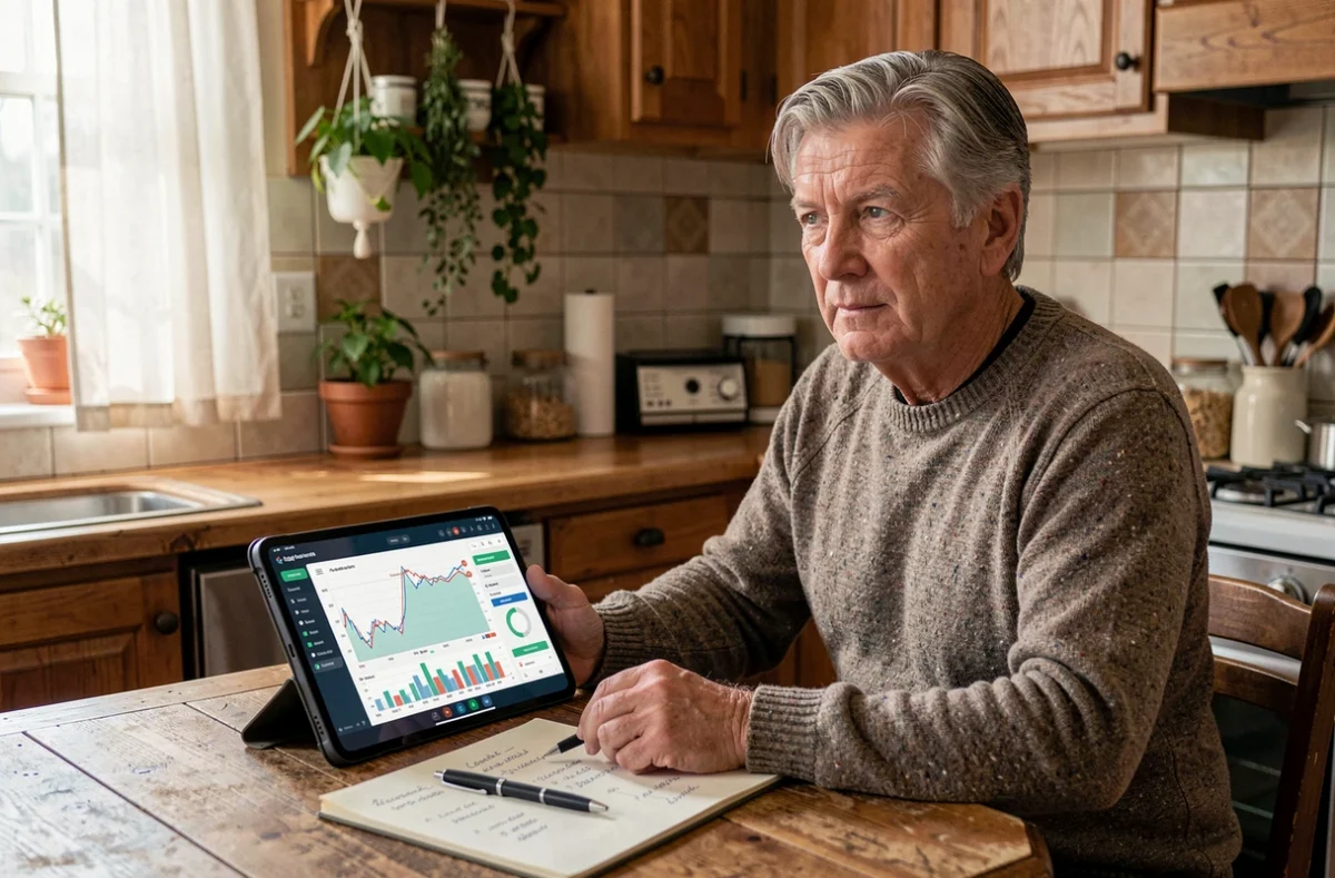 Homme mature calculant un rendement d'investissement sur une tablette dans sa cuisine avec des notes manuscrites