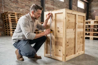 Architecte mesurant les dimensions d'une caisse en bois pour calculer un volume de 3m3 dans un entrepôt industriel