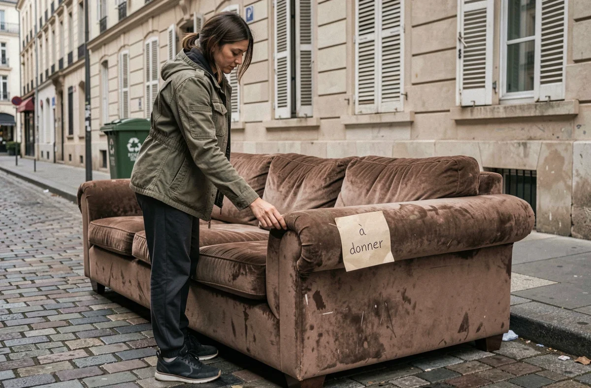 Femme déposant un grand canapé usagé sur le trottoir avec une étiquette à donner pour s'en débarrasser