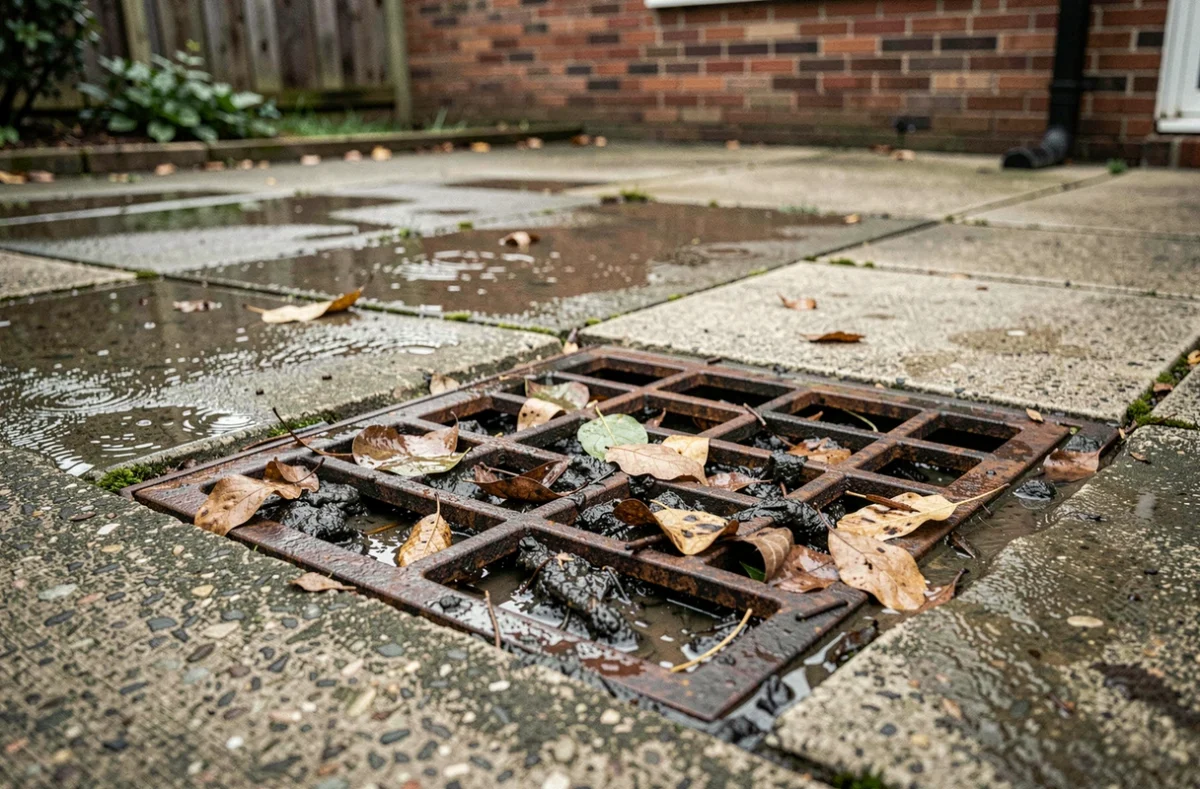 Caniveau extérieur bouché par des feuilles mortes avec eau stagnante dans une cour