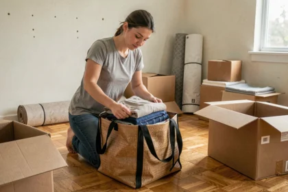 Femme en train de comparer sacs de déménagement et cartons pour emballer ses affaires lors d'un déménagement