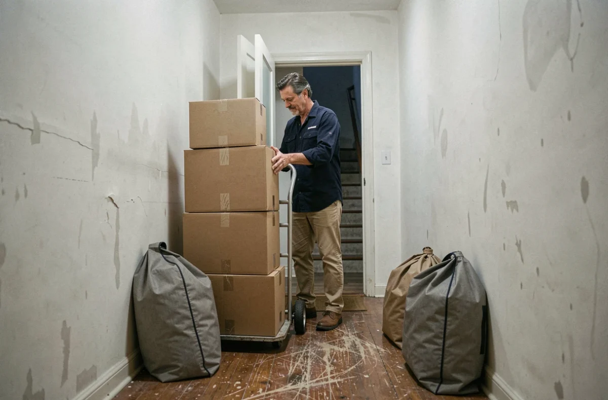 Homme chargeant des cartons de déménagement sur un diable dans un couloir avec des sacs de déménagement en tissu posés au sol