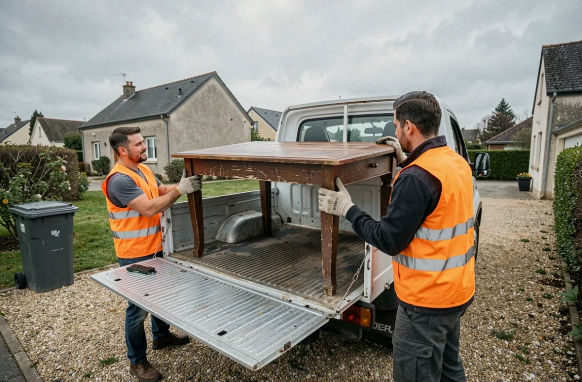 Deux déménageurs chargeant une table à manger volumineuse dans un camion de location pour l'évacuation de gros meubles