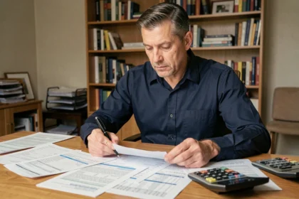 Propriétaire bailleur assis à un bureau en bois, examinant des documents fiscaux et des factures liées aux charges déductibles de ses revenus fonciers
