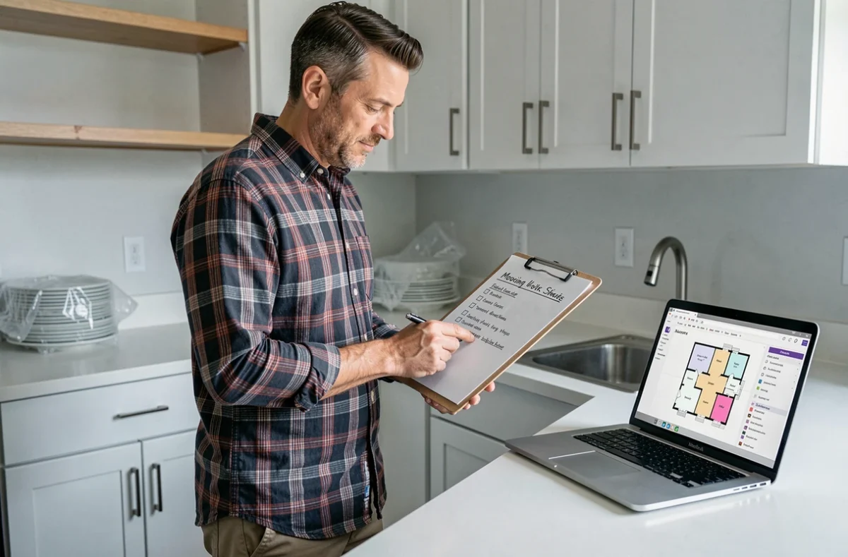 Homme consultant une checklist de déménagement avec un ordinateur portable ouvert sur un plan d'appartement