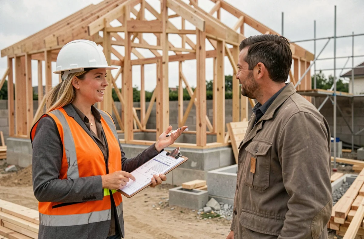 Chef de chantier sur un site de construction de maison individuelle avec ossature bois