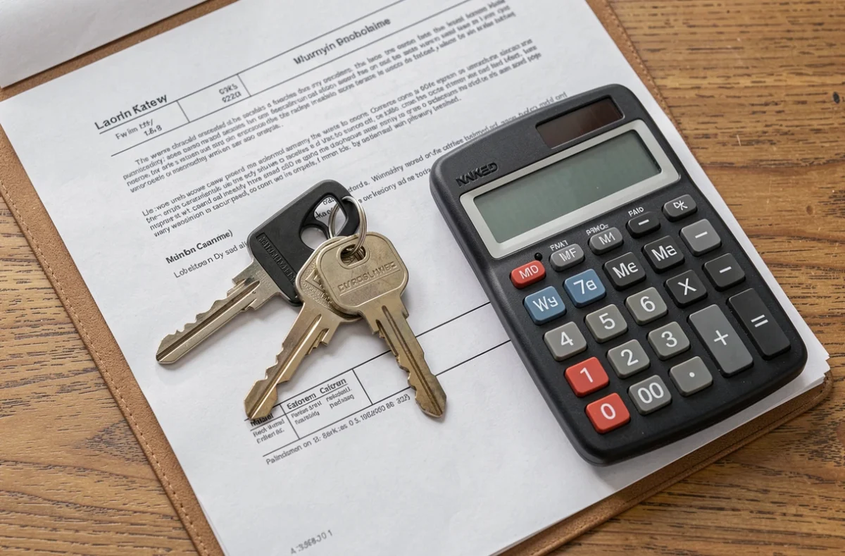 Clés de maison et calculatrice posées sur un dossier de prêt