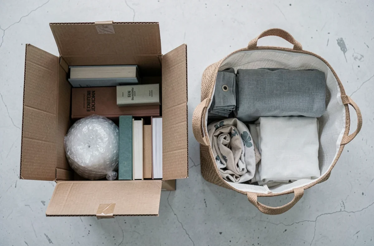 Vue aérienne comparant un carton de déménagement ouvert et un sac de déménagement en tissu côte à côte remplis d'objets du quotidien