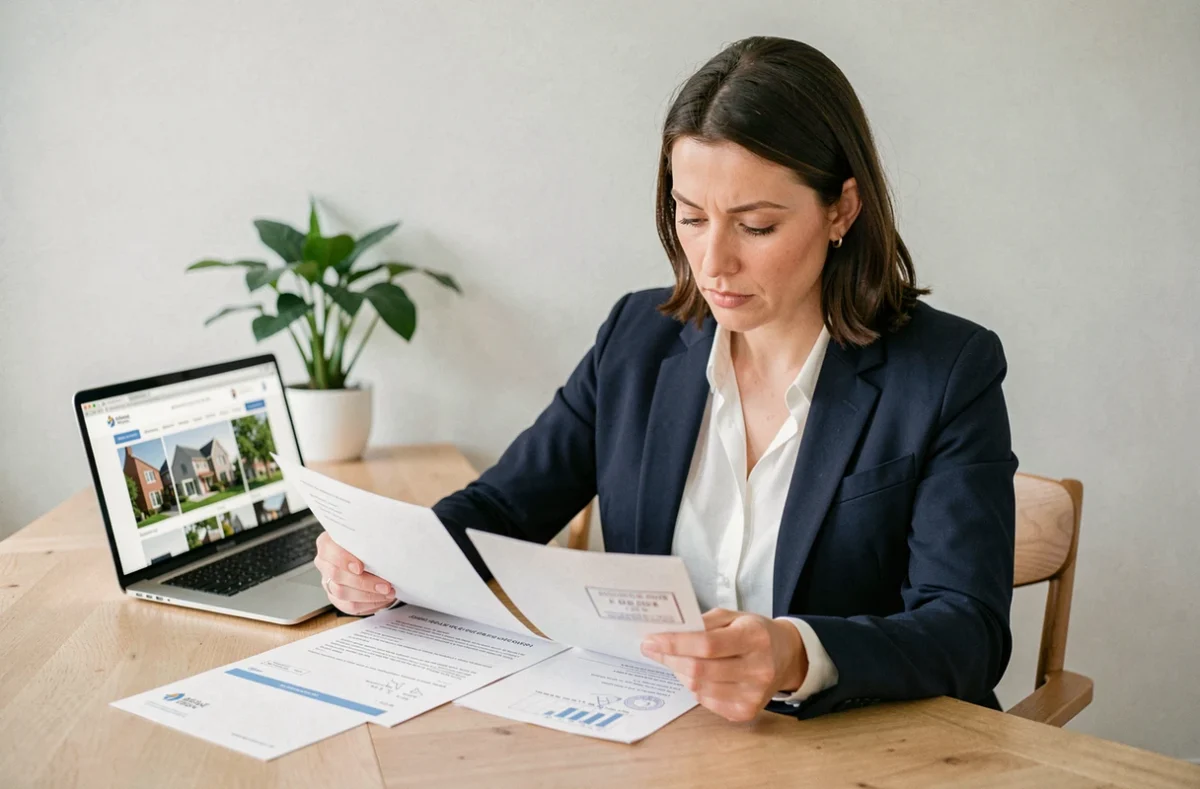 Femme comparant des documents bancaires belges et français pour financer un achat immobilier transfrontalier