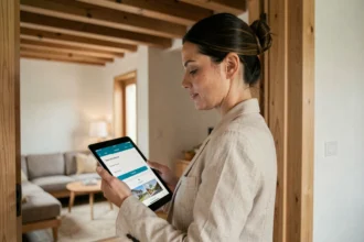 Femme comparant des plateformes de location de vacances sur une tablette dans un appartement moderne