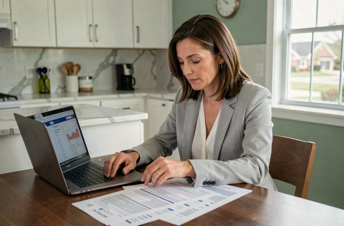 Femme étudiant seule les différentes options de prêts hypothécaires avec des documents financiers sur une table de cuisine