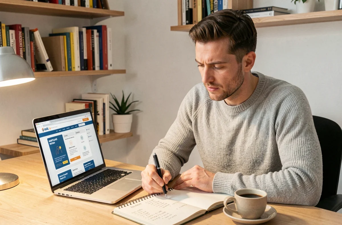 Homme qui compare des taux d'intérêt en ligne depuis son bureau à domicile pour négocier son prêt
