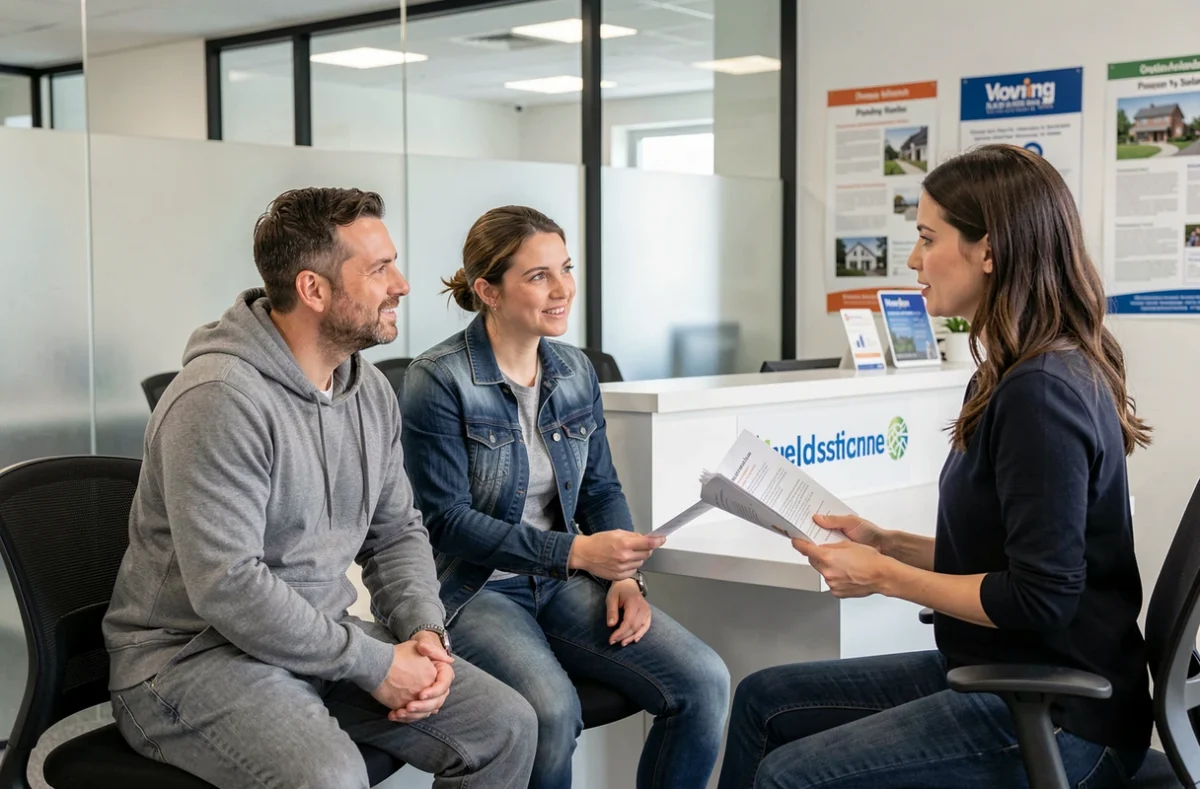 Couple en rendez-vous avec un conseiller Action Logement pour une demande d'aide au logement