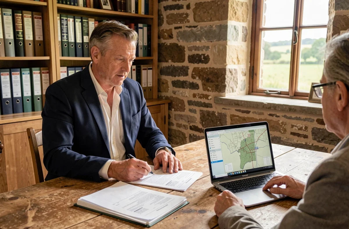 Conseiller foncier et propriétaire étudiant des documents cadastraux pour valoriser un terrain non constructible