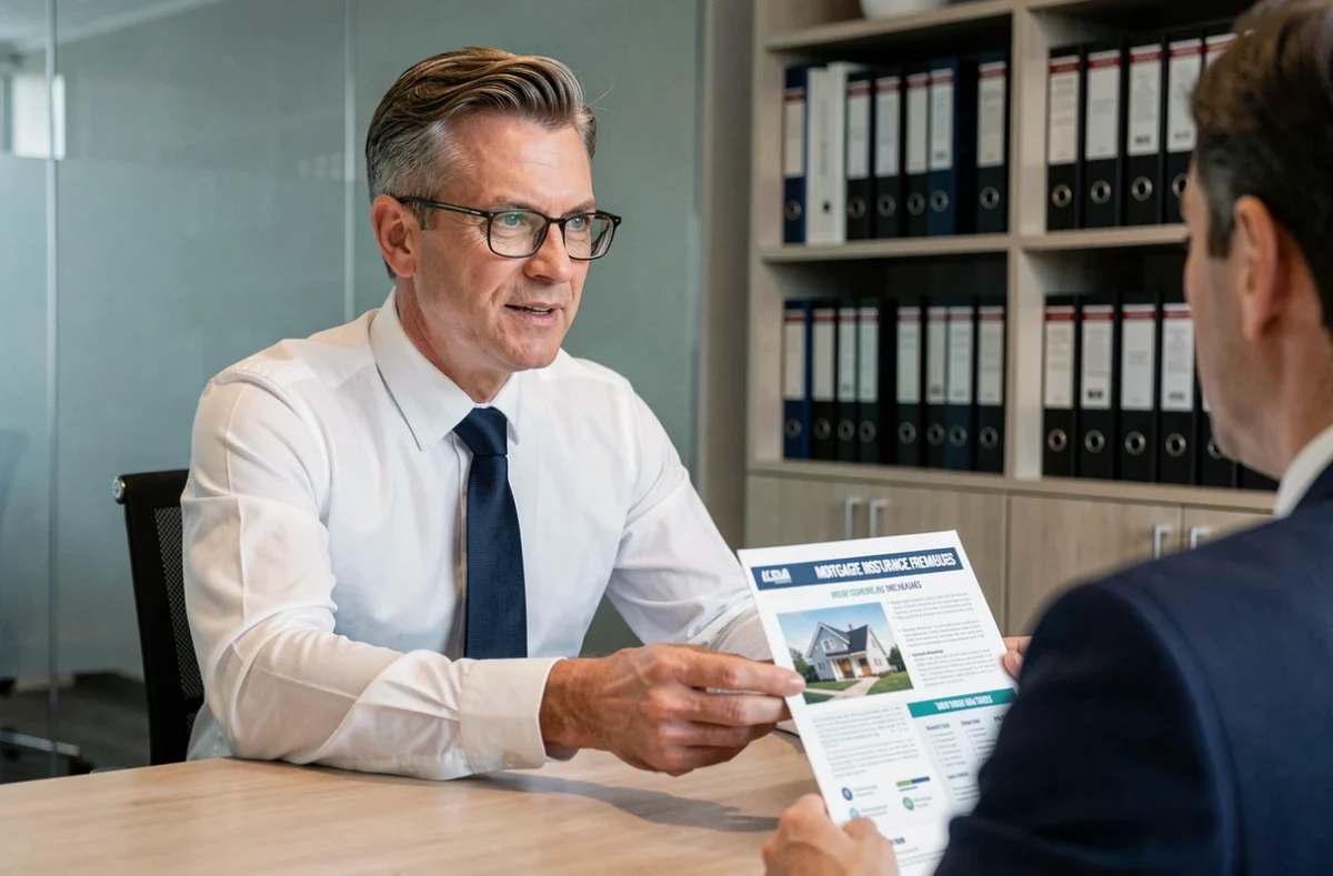 Conseiller financier présentant les détails d'une prime d'assurance hypothécaire à un client