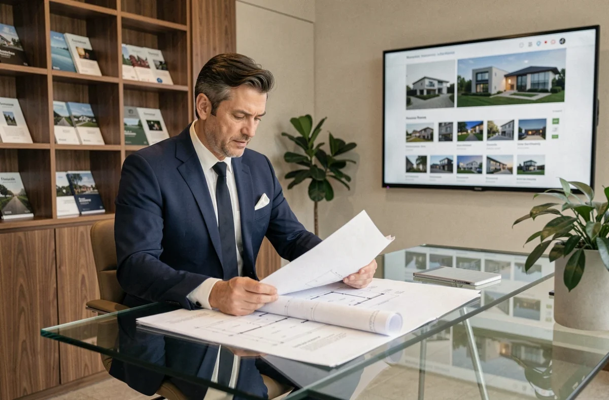 Conseiller immobilier de luxe analysant des plans et documents dans un bureau haut de gamme