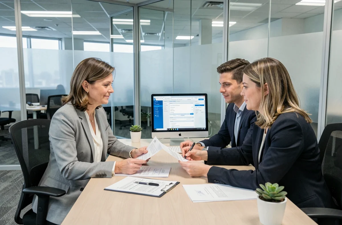 Conseillère bancaire présentant les documents de transfert de fonds à un couple lors d'un rendez-vous de prêt immobilier